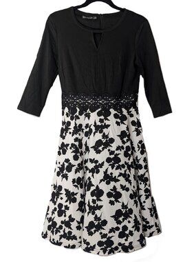 Vintage Owin Black White Floral Lace A-Line Swing Flared Dress Small S